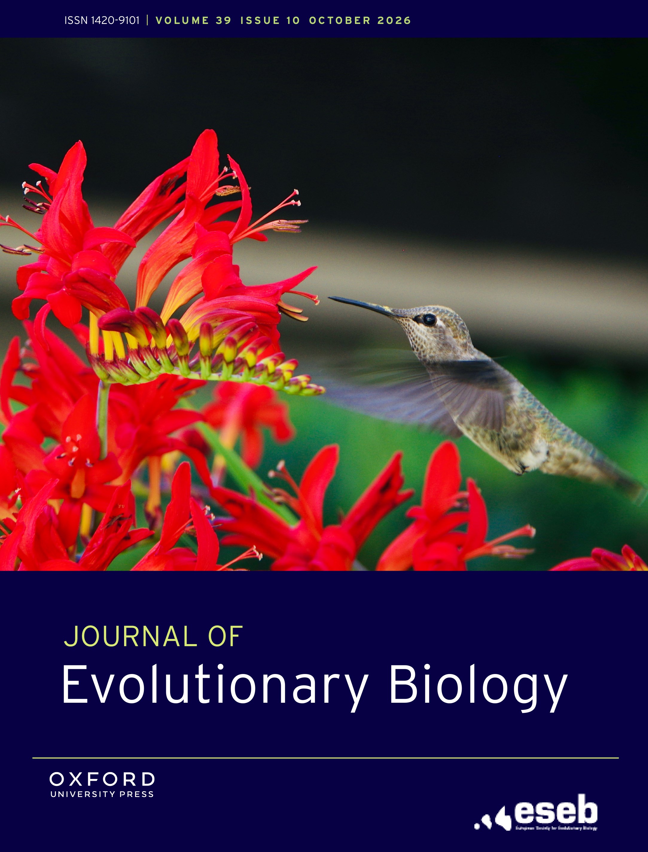 October 2026 cover of the Journal of Evolutionary Biology, featuring a hummingbird approaching red flowers. Photograph by René L. Warren.